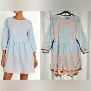 Juliet Dunn Embroidered Cotton Mini Dress 2 Women’s 6/8 Mirror Boho 3/4 Sleeves